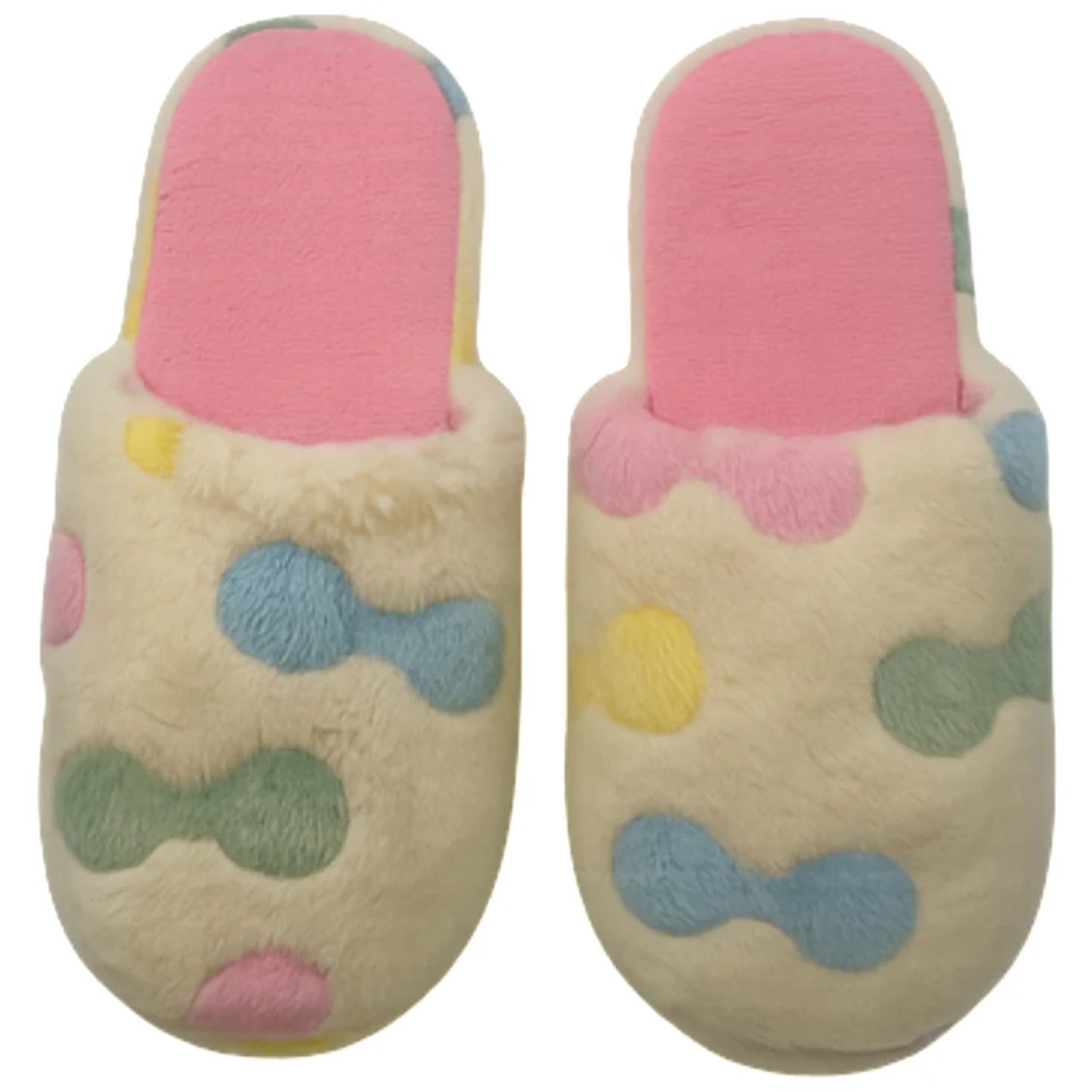 Ladies bow print slippers with pastel multicolour design, soft plush fabric, and slip-on indoor style for warmth and comfort.